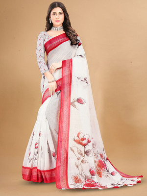 ANOUK Printed Daily Wear Linen Saree(White)