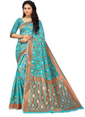 manvaa Woven Banarasi Cotton Blend Saree(Light Blue)