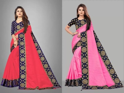 ONTIC LIFESTYLE Self Design Assam Silk Art Silk Saree(Pack of 2, Red, Pink)
