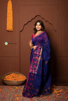 ARDHANGINI DESIGNS Woven, Floral Print Handloom Cotton Silk Saree(Dark Blue)