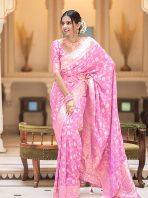 hitesh pahuja Woven, Floral Print Banarasi Silk Blend Saree(Pink)