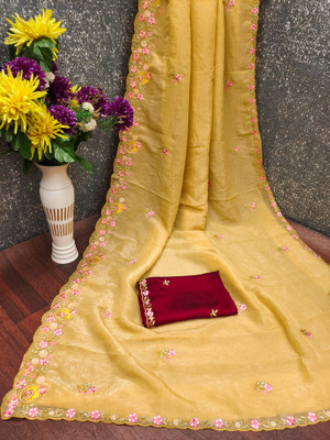 SHRIMORI Floral Print Bollywood Chanderi Saree(Yellow)
