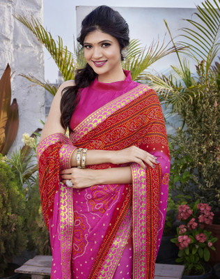 Priyashi Printed Daily Wear Georgette, Lace Saree(Pink)