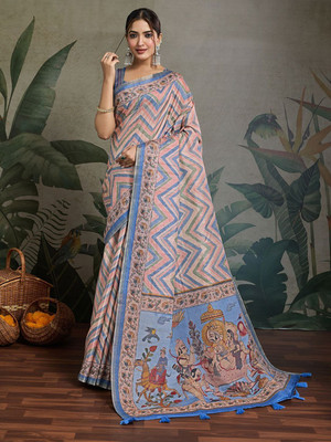 all about you Striped Saree with Attached Blouse Silk Blend Saree(Blue)