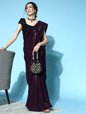 Bluebirdimpex Embellished Bollywood Georgette Saree(Purple)