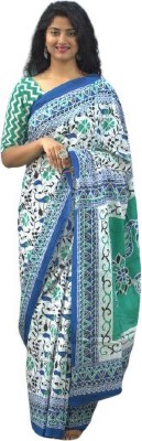 Kiaaron Printed Hand Batik Pure Cotton Saree(White)