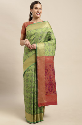 Divastri Checkered Patola Silk Blend Saree(Green)