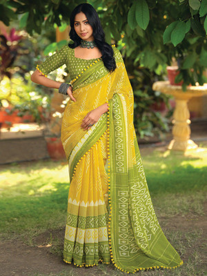 ANOUK Printed Ikkat Cotton Blend Saree(Yellow)