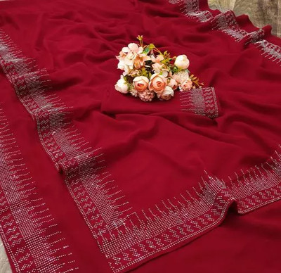 DHRAM CREATION Solid/Plain Bollywood Georgette Saree(Maroon)