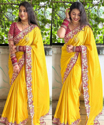 zili Solid/Plain, Embroidered, Floral Print, Temple Border Chanderi Georgette Saree(Yellow)