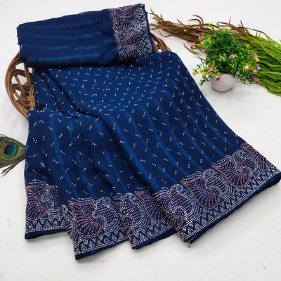 V T TRADING Embellished Banarasi Georgette Saree(Dark Blue)