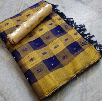 MINE CHOICE Self Design, Checkered Banarasi Jacquard, Chiffon Saree(Blue, Cream)