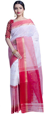 Akash Enterprise Self Design Handloom Pure Cotton Saree(White)