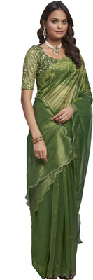 Apnisha Solid/Plain Bollywood Organza Saree(Green)