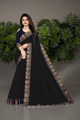 Volmina Solid/Plain Chanderi Cotton Blend Saree(Black)