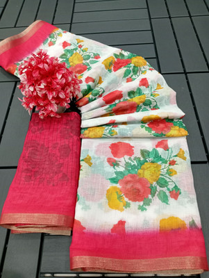 PRTRENDZ Printed Kanjivaram Linen, Cotton Linen Saree(Pink)