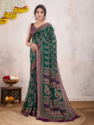 RekhaManiyar Printed Bollywood Viscose Rayon Saree(Dark Green)