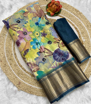 RegalDrapes Digital Print, Woven Bollywood Silk Blend, Art Silk Saree(Dark Blue)