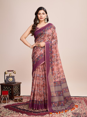 Yogik Creation Floral Print Banarasi Linen Saree(Multicolor)
