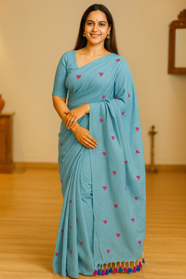 TARAMAACREATION Embroidered Handloom Handloom Pure Cotton Saree(Light Blue)