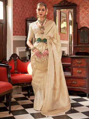 Sareemall Woven Banarasi Silk Blend Saree(Cream)
