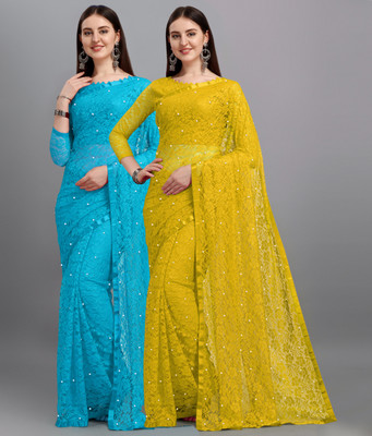 LOROFY Self Design Bollywood Net Saree(Pack of 2, Multicolor)