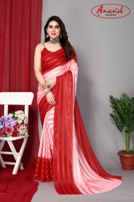 Anand Sarees Ombre, Striped Bollywood Satin Saree(Red, Pink)