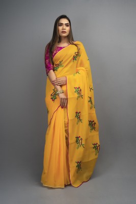 DHRUV CREATION Embroidered Chanderi Chanderi Saree(Yellow)