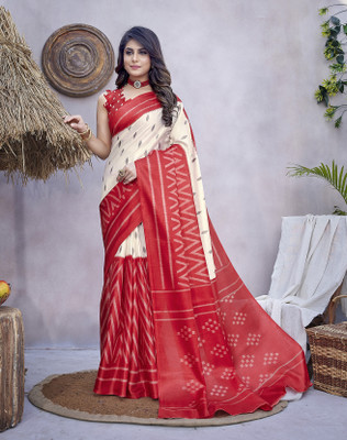 Kjs Printed Ikkat Cotton Blend Saree(Multicolor)