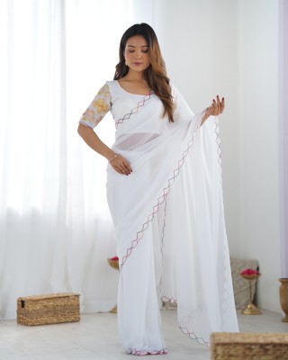 IRONIC CREATION Solid/Plain Bollywood Georgette Saree(White)