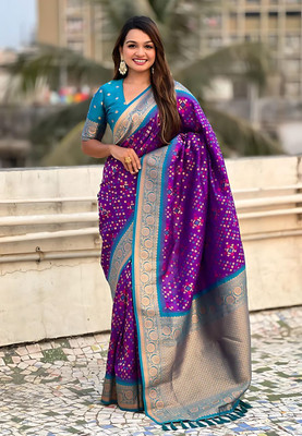 REENAA'S Woven, Geometric Print, Floral Print Ikkat Art Silk Saree(Purple, Blue)