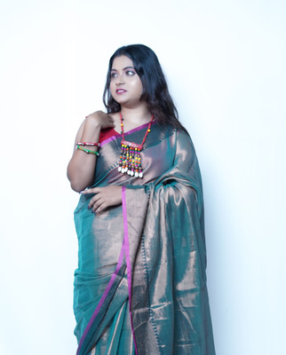 Shitara Striped Bollywood Handloom Linen Saree(Dark Green)