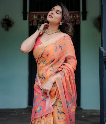 Gajal Self Design Kanjivaram Linen, Cotton Linen Saree(Orange)