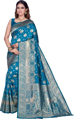 HouseOfCommon Embellished, Floral Print, Self Design Dharmavaram Art Silk, Pure Silk Saree(Blue)