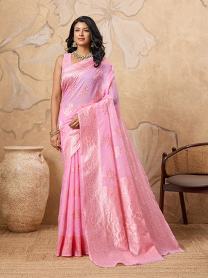 PRIMENIKS Woven Banarasi Cotton Silk Saree(Pink)