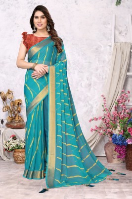 FABMORA Printed, Embellished Leheria Chiffon Saree(Green)