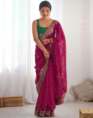 Samah Printed, Embroidered, Embellished Bandhani Georgette Saree(Pink)
