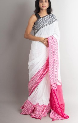 SAYAN CREATION Self Design Handloom Pure Cotton Saree(White)