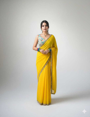 Sarthi Fashion Solid/Plain, Floral Print Bollywood Georgette Saree(Yellow)