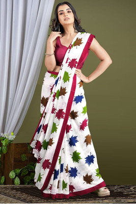 sdn Printed Handloom Cotton Blend Saree(White)
