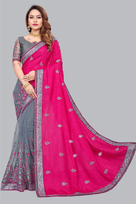 JANVI CREATION Self Design, Printed, Applique, Embroidered, Solid/Plain Bollywood Silk Blend Saree(Pink)