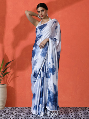 Sangria Printed Daily Wear Satin Saree(White, Blue)