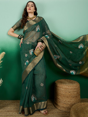 Kalista Woven, Embellished, Self Design Bollywood Organza Saree(Green)