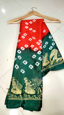 MAHADEV NX Printed Bandhani Crepe, Silk Blend Saree(Red, Green)