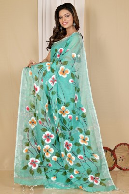 PuJoy Hand Painted, Paisley, Self Design, Woven Handloom Cotton Blend Saree(Light Green)