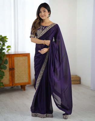 Pandadi Saree Solid/Plain, Embroidered Bollywood Silk Blend Saree(Purple)