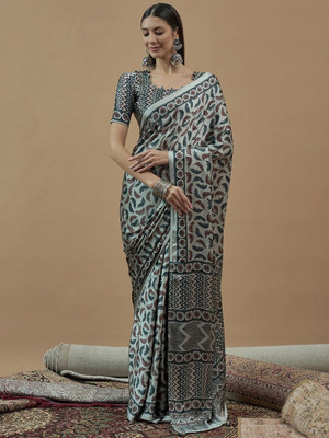 ANOUK Printed Hand Batik Crepe Saree(Grey)