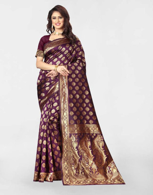 Samah Woven, Embellished, Self Design Banarasi Silk Blend, Jacquard Saree(Purple, Gold)