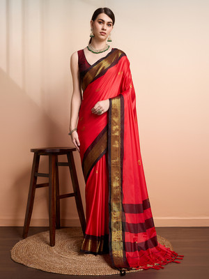 SGF11 Self Design Handloom Silk Blend Saree(Red, Black)