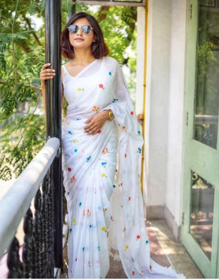 Shyamali Boutique Printed Handloom Cotton Blend Saree(White)